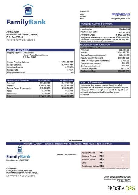 Modèle Word et PDF de relevé hypothécaire de la Kenya Family Bank